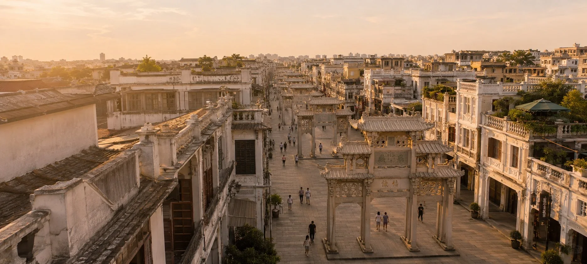 Chaozhou Paifang Street: stone memorial arches and shophouse arcades at golden hour
