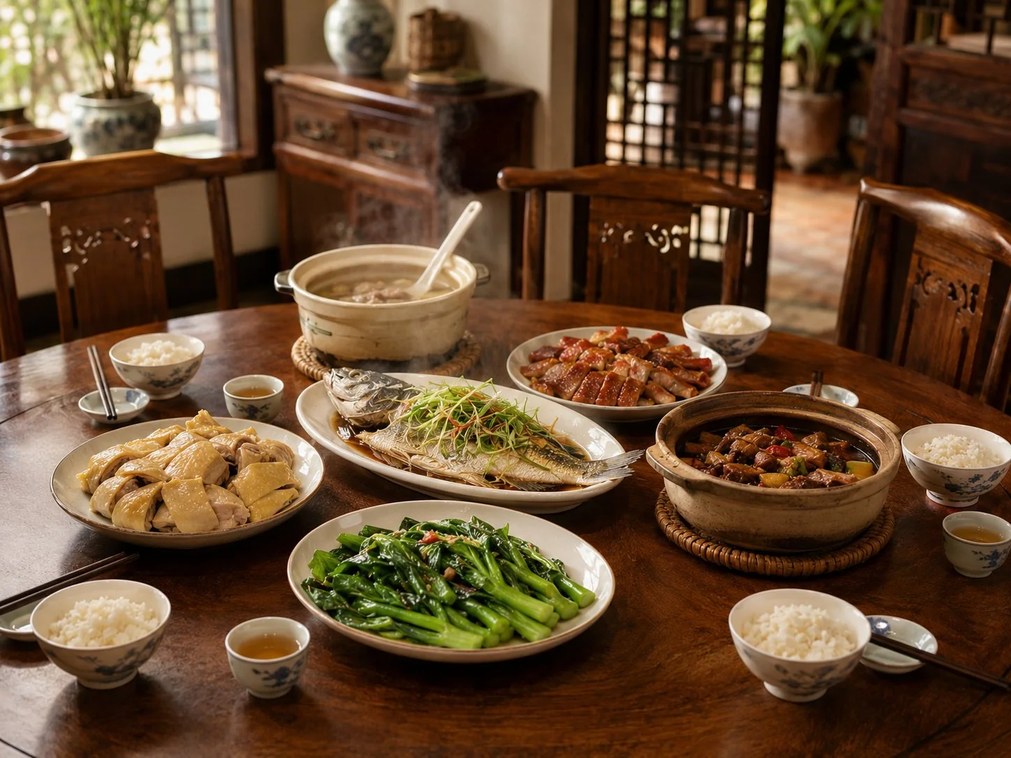 A Cantonese dinner table laid family-style in Guangzhou