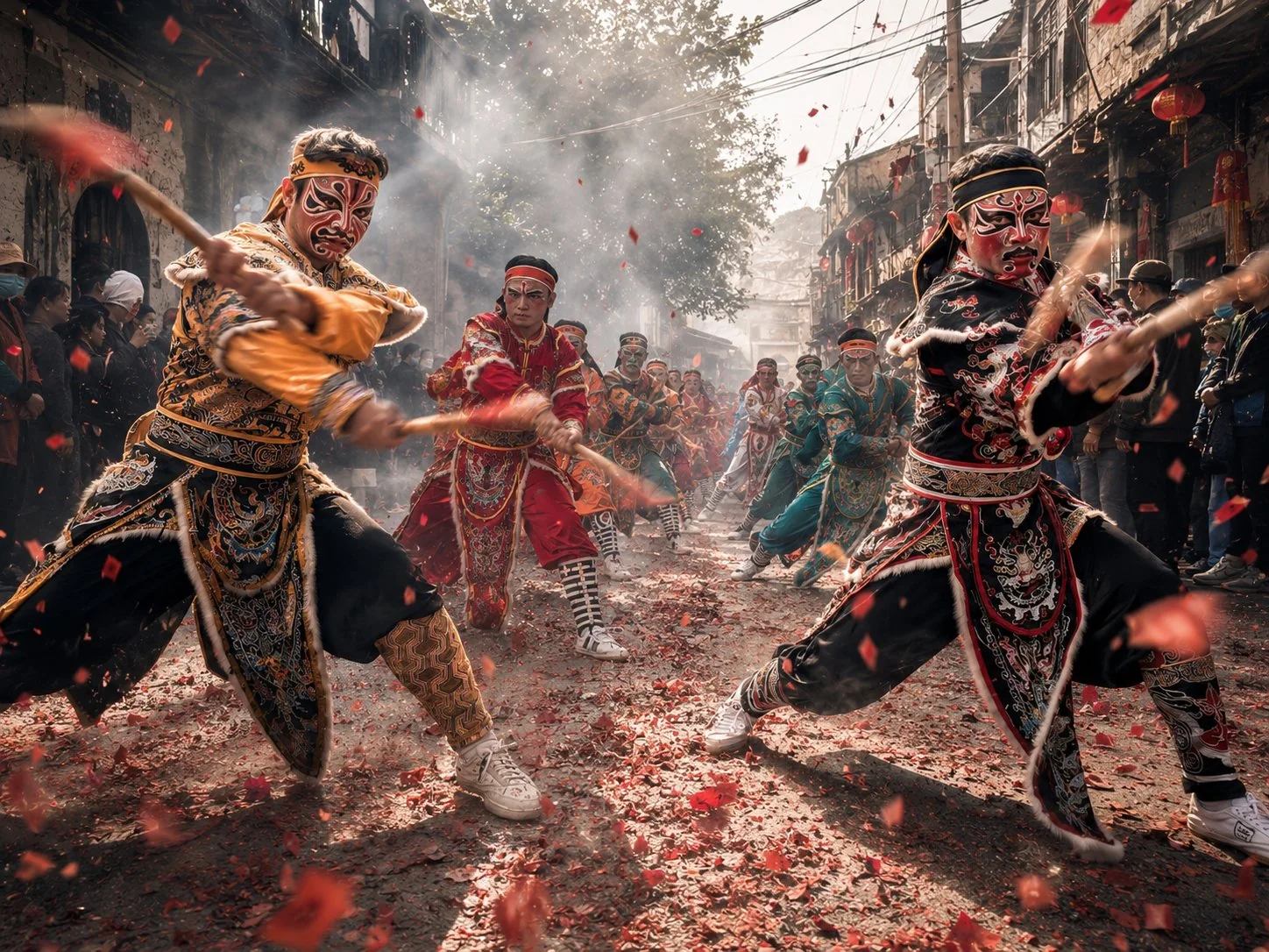 Yingge dancers in formation during a festival performance in Shantou